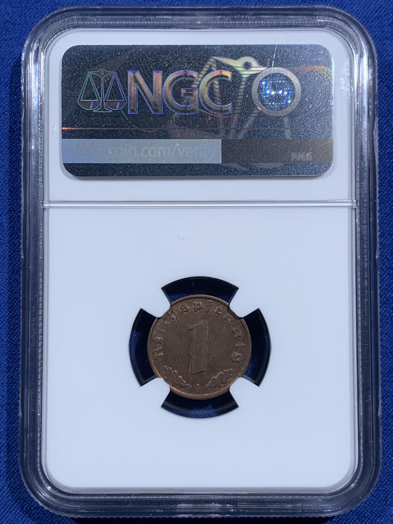 《竞宝斋》第469场 周日，周一 2场连拍 （全场包邮）欢迎送拍 三枚一组 NGC MS61BN/UNCD 德国带风车1芬尼铜币，其中两枚61分，一枚BU的UNCD，热门品种