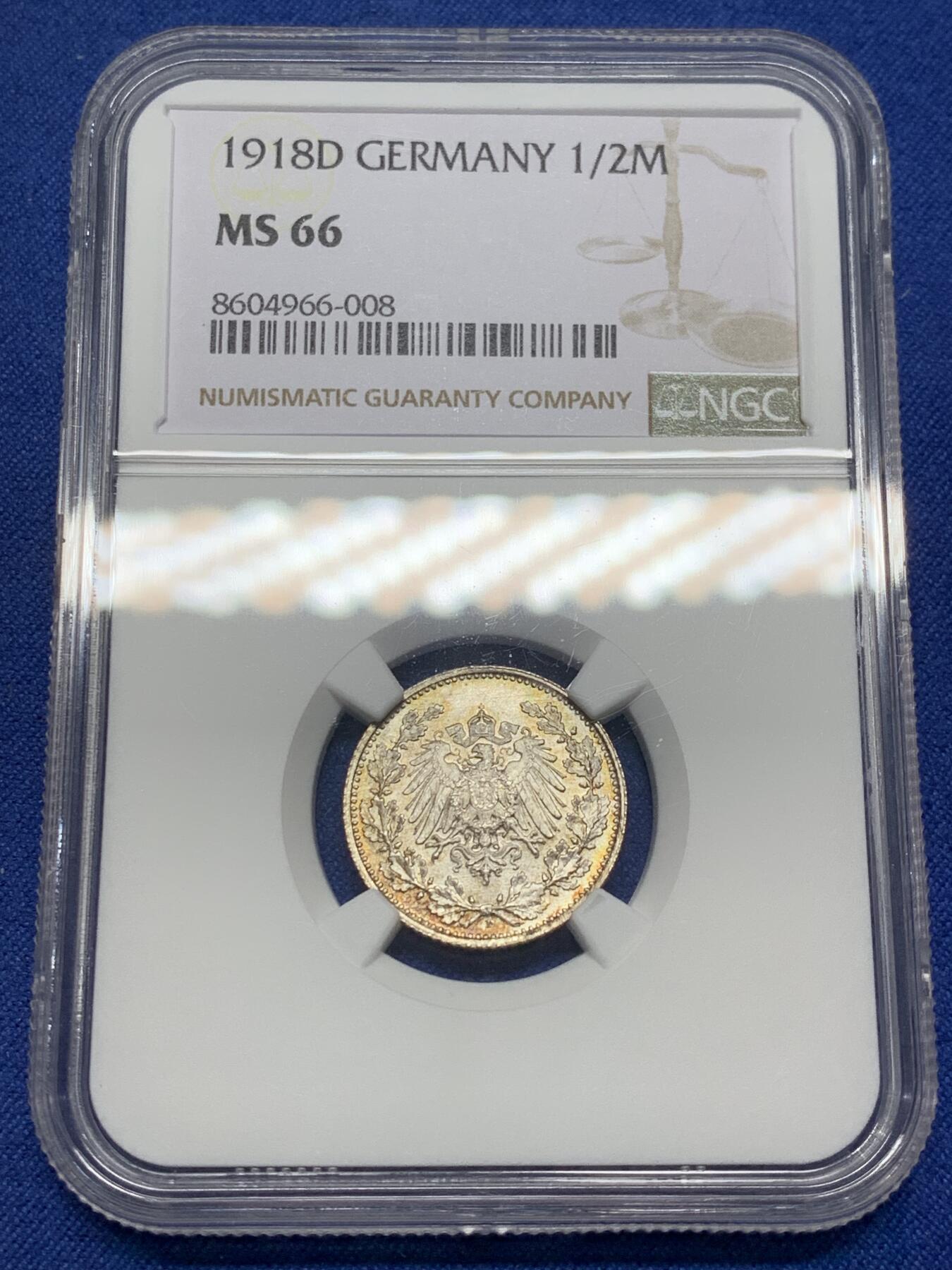 《竞宝斋》第469场 周日，周一 2场连拍 （全场包邮）欢迎送拍 NGC MS66 德国1918年1/2马克银币，五彩包浆，状态极佳，高分藏品