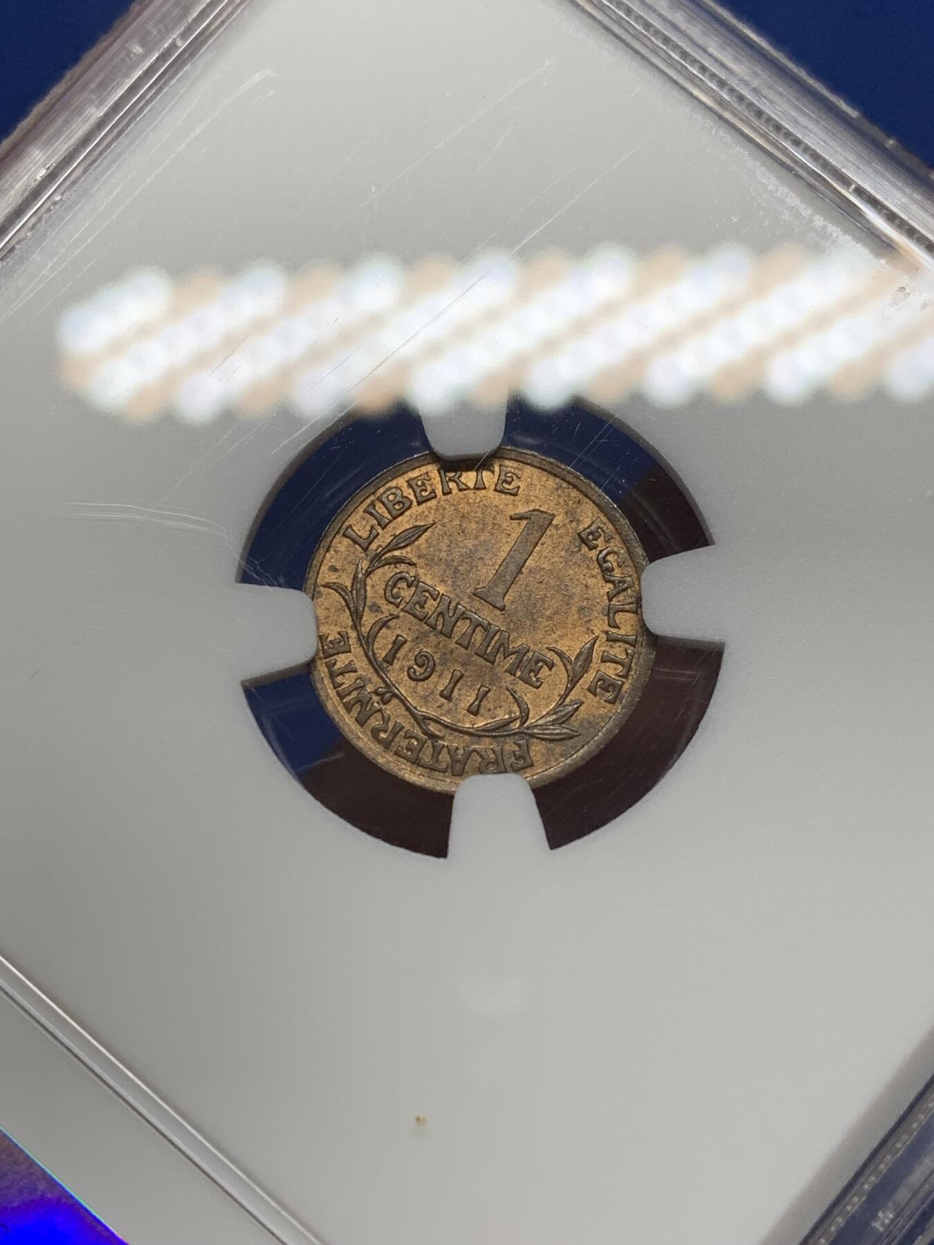 《竞宝斋》第469场 周日，周一 2场连拍 （全场包邮）欢迎送拍 NGC MS64RB 法国1911年1分铜币 经典女神图案 冠军分