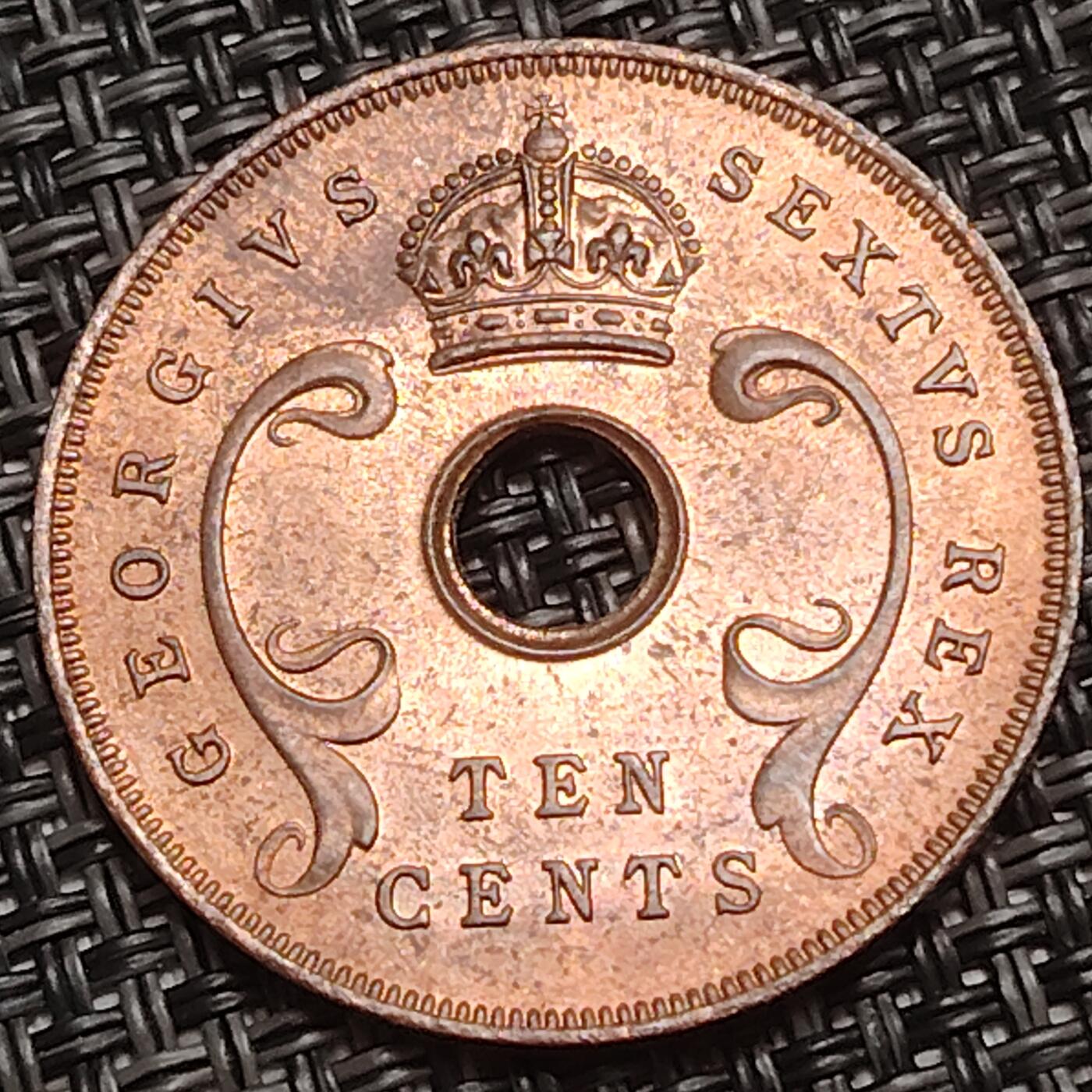 布加迪🐬～世界钱币(上海)🌾第 280 期 /  各国套币和散币 英属东非 1952年 10分 乔治六世 原光品相 30mm