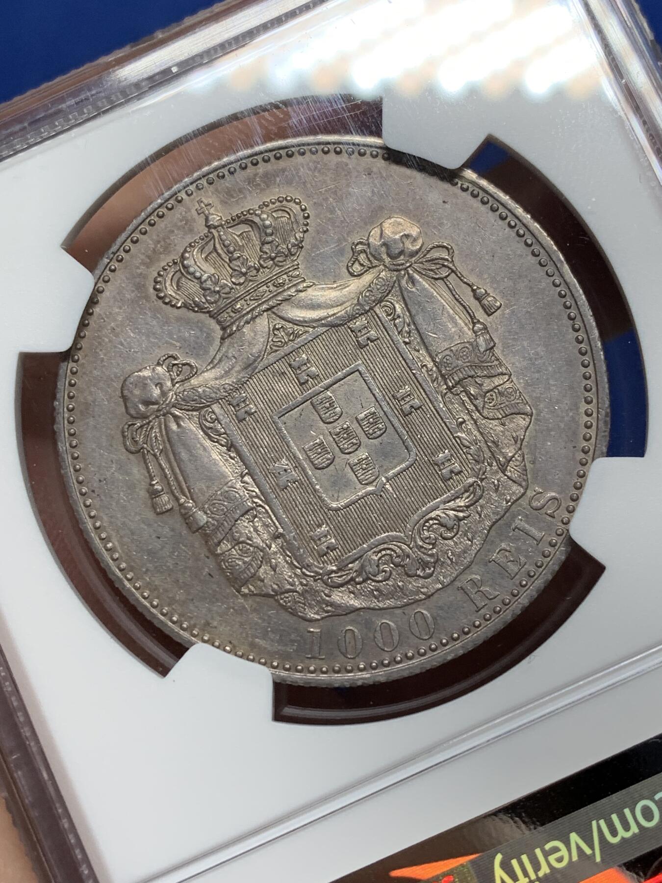 《竞宝斋》第469场 周日，周一 2场连拍 （全场包邮）欢迎送拍 NGC AUD 葡萄牙 1899年 卡洛斯一世 1000瑞斯大银币