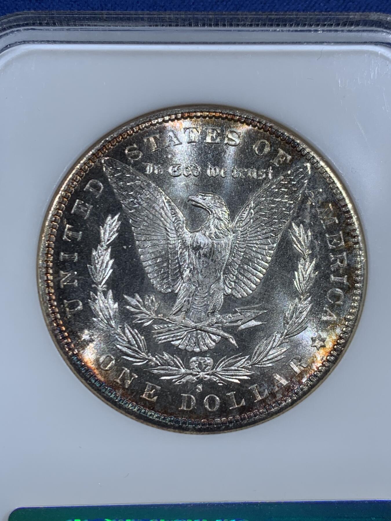 《竞宝斋》第469场 周日，周一 2场连拍 （全场包邮）欢迎送拍 NGC MS65PL 美国1880s摩根银币 ngc老盒子 镜面感十足，胜过大部分pl摩根，转光丝滑，两面边缘黄油彩实属难得，老盒溢价＋超强镜面观感