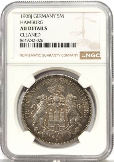 博洋堂世界钱币拍卖第164期（全场包邮） - NGC AU 德国汉堡1908年5马克银币