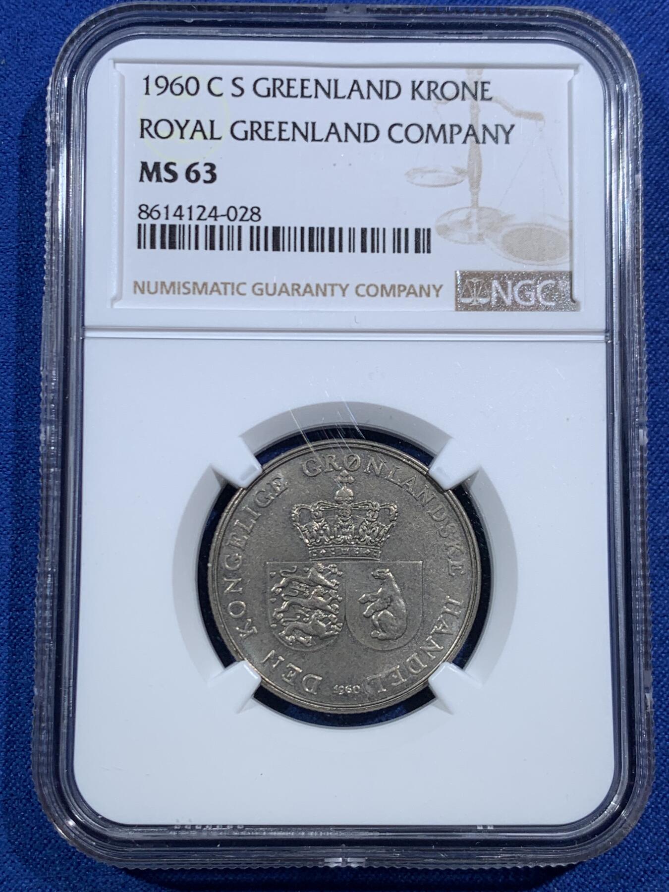 《竞宝斋》第469场 周日，周一 2场连拍 （全场包邮）欢迎送拍 NGC MS63 丹属格陵兰1960年1克朗