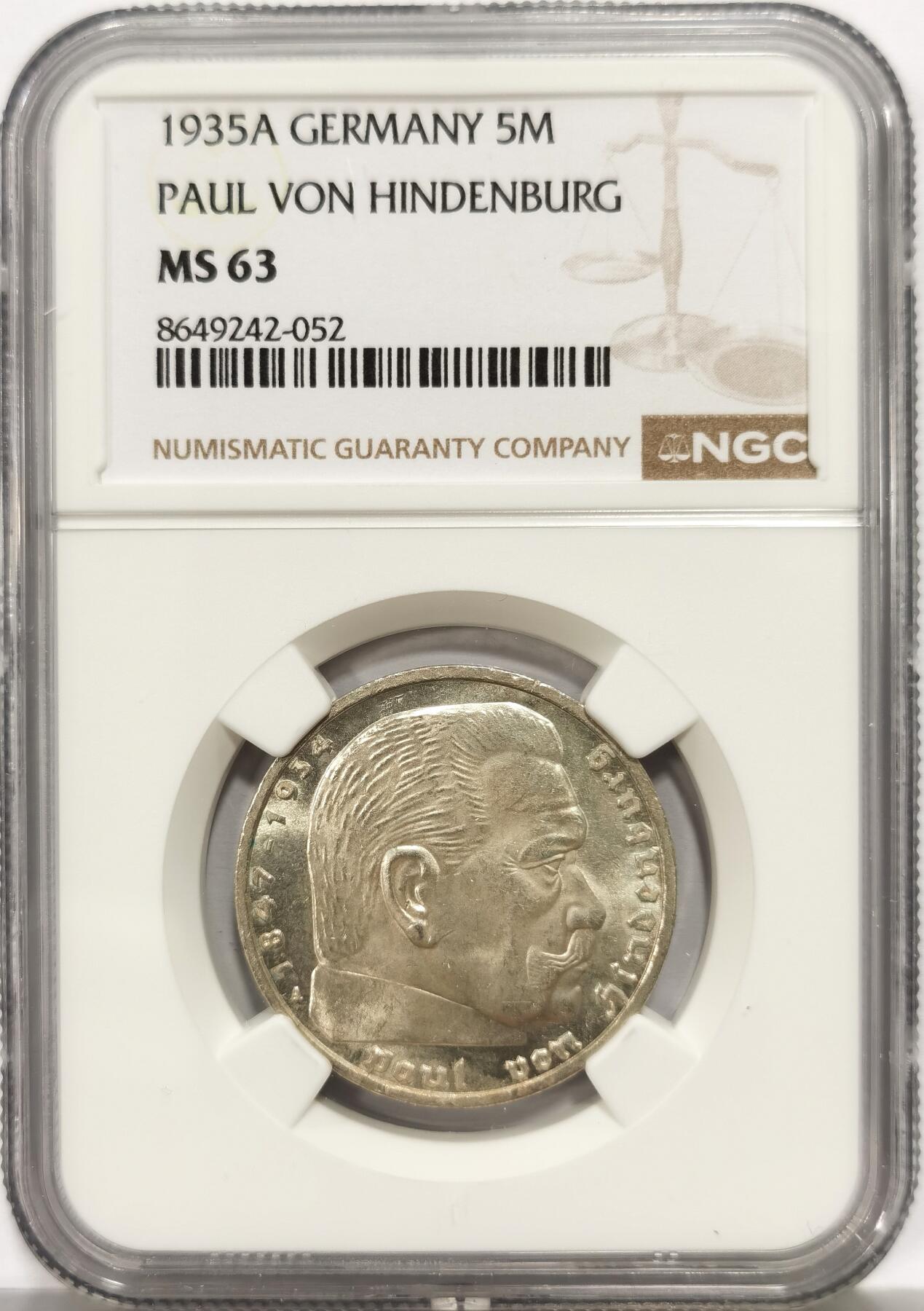 博洋堂世界钱币拍卖第164期（全场包邮） NGC MS63 德国第三帝国1935年A版兴登堡5马克银币