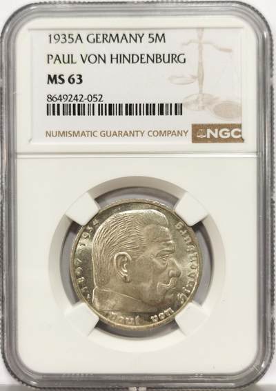 博洋堂世界钱币拍卖第164期（全场包邮） - NGC MS63 德国第三帝国1935年A版兴登堡5马克银币