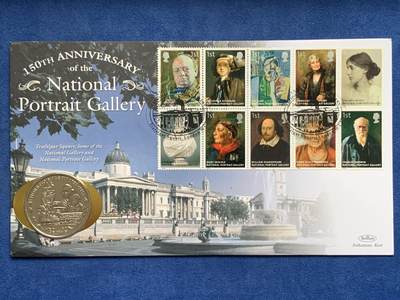 《竞宝斋》第469场 周日，周一 2场连拍 （全场包邮）欢迎送拍 - 英国福克兰群岛2005年国家肖像画廊150周年1克朗纪念币，邮币封，附10张邮票