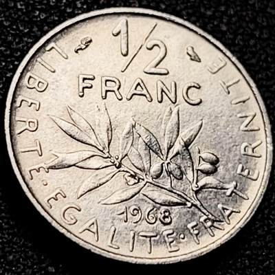 泉币菌-第206场-拍品多 请提前出价 法国1968年1/2法郎 播种女神 橄榄枝 猫头鹰暗记 镍币 19.5mm