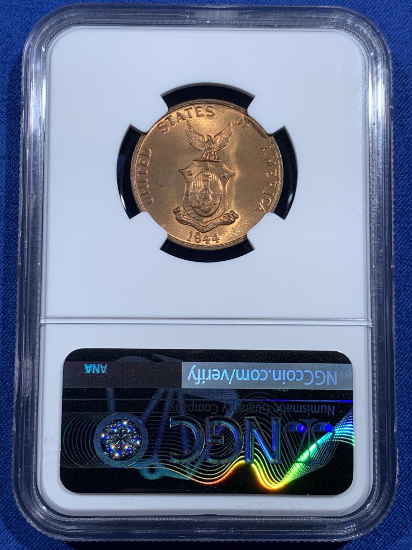 《竞宝斋》第469场 周日，周一 2场连拍 （全场包邮）欢迎送拍 NGC MS64RB 美属菲律宾1944s1分 铜光十分充沛的一枚 状态接近RD 细节光度都不错