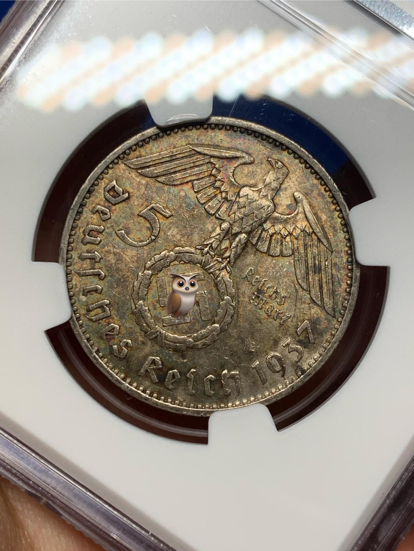 《竞宝斋》第469场 周日，周一 2场连拍 （全场包邮）欢迎送拍 NGC MS61 德国兴登堡1937E带风车5马克银币，热门品种，五彩包浆状态好，尤其背面包浆极美