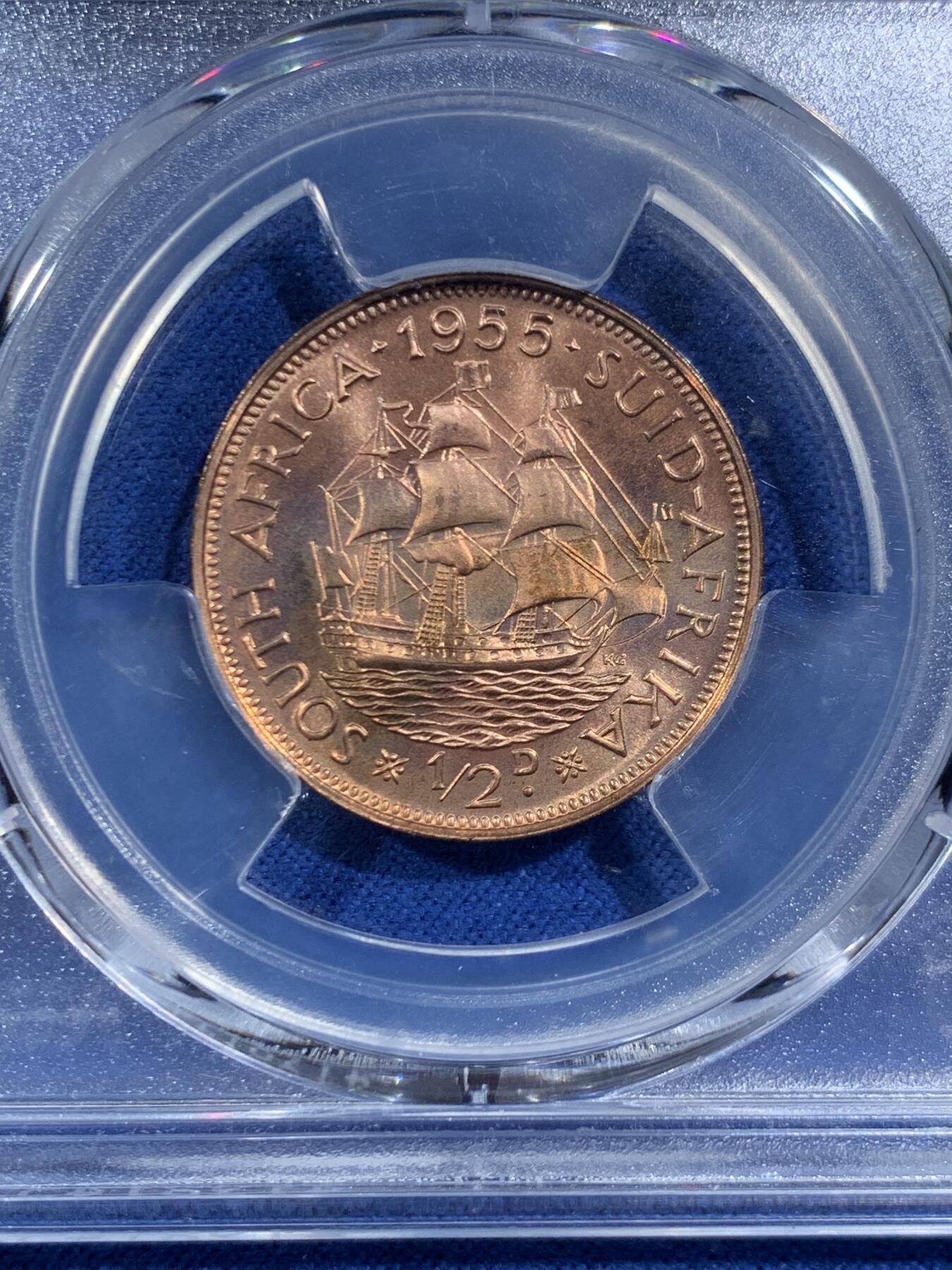 《竞宝斋》第469场 周日，周一 2场连拍 （全场包邮）欢迎送拍 PCGS UNCD 1955年南非1/2便士