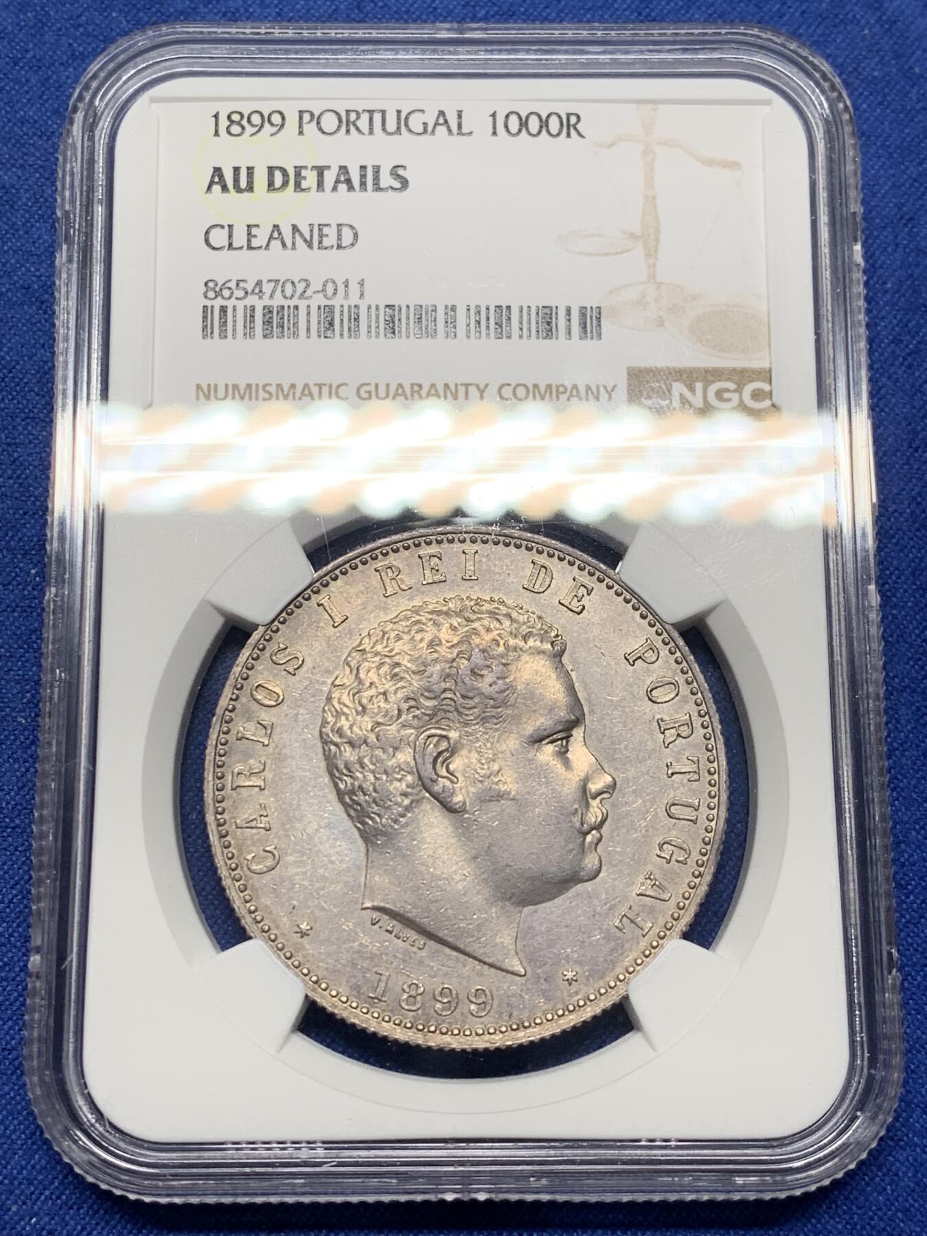 《竞宝斋》第469场 周日，周一 2场连拍 （全场包邮）欢迎送拍 NGC AUD 葡萄牙 1899年 卡洛斯一世 1000瑞斯大银币