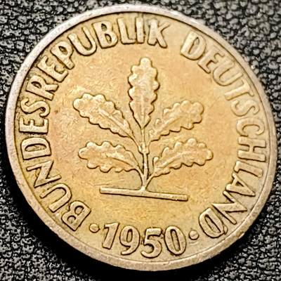 泉币菌-第206场-拍品多 请提前出价 联邦德国 1950年10芬尼铜币 橡树麦穗  21.5mm