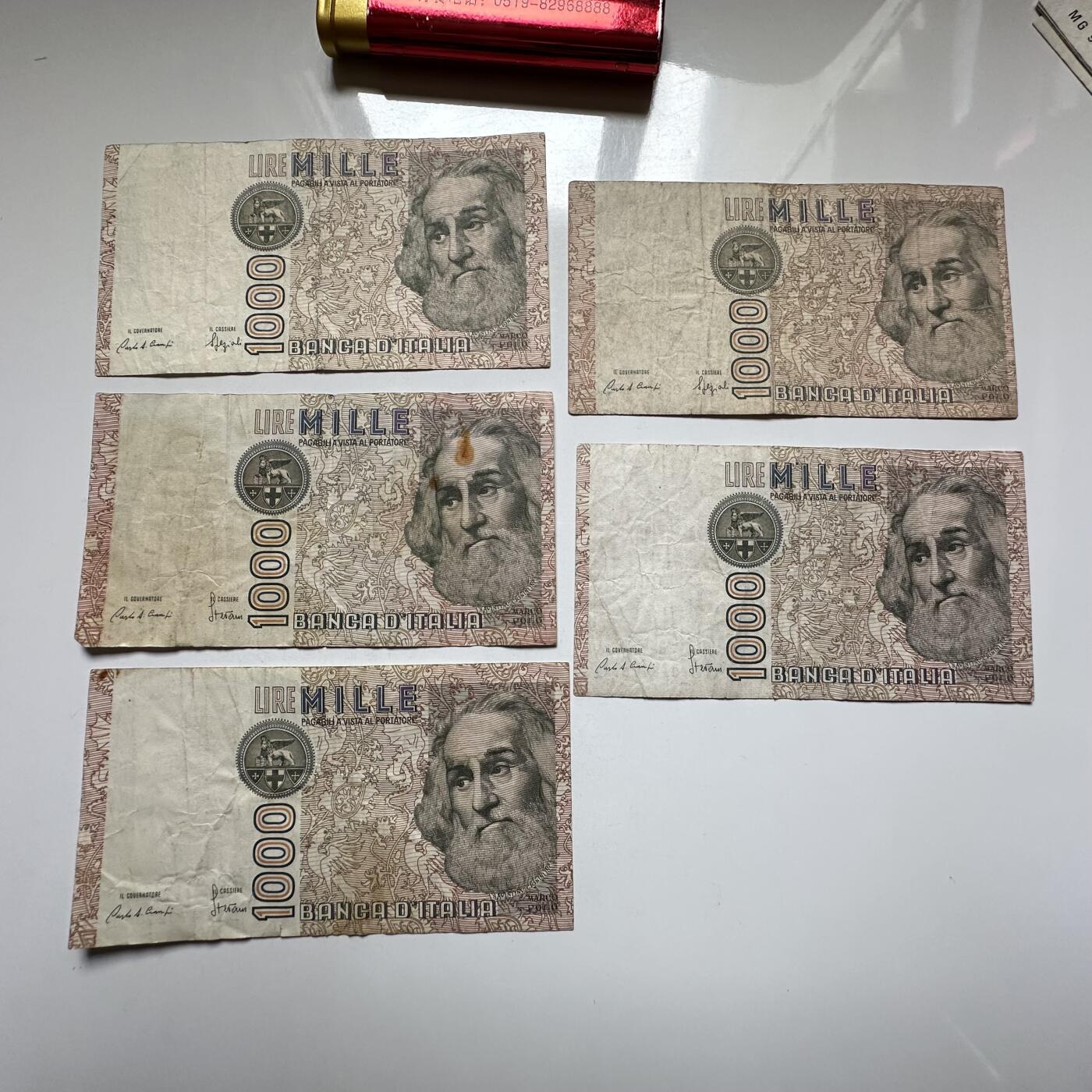🌹外币初藏🌹🐯2026年第27场   每周二四六晚8️⃣点 接代拍 意大利1982年 1000里拉纸币（波提切利版）五张一组 