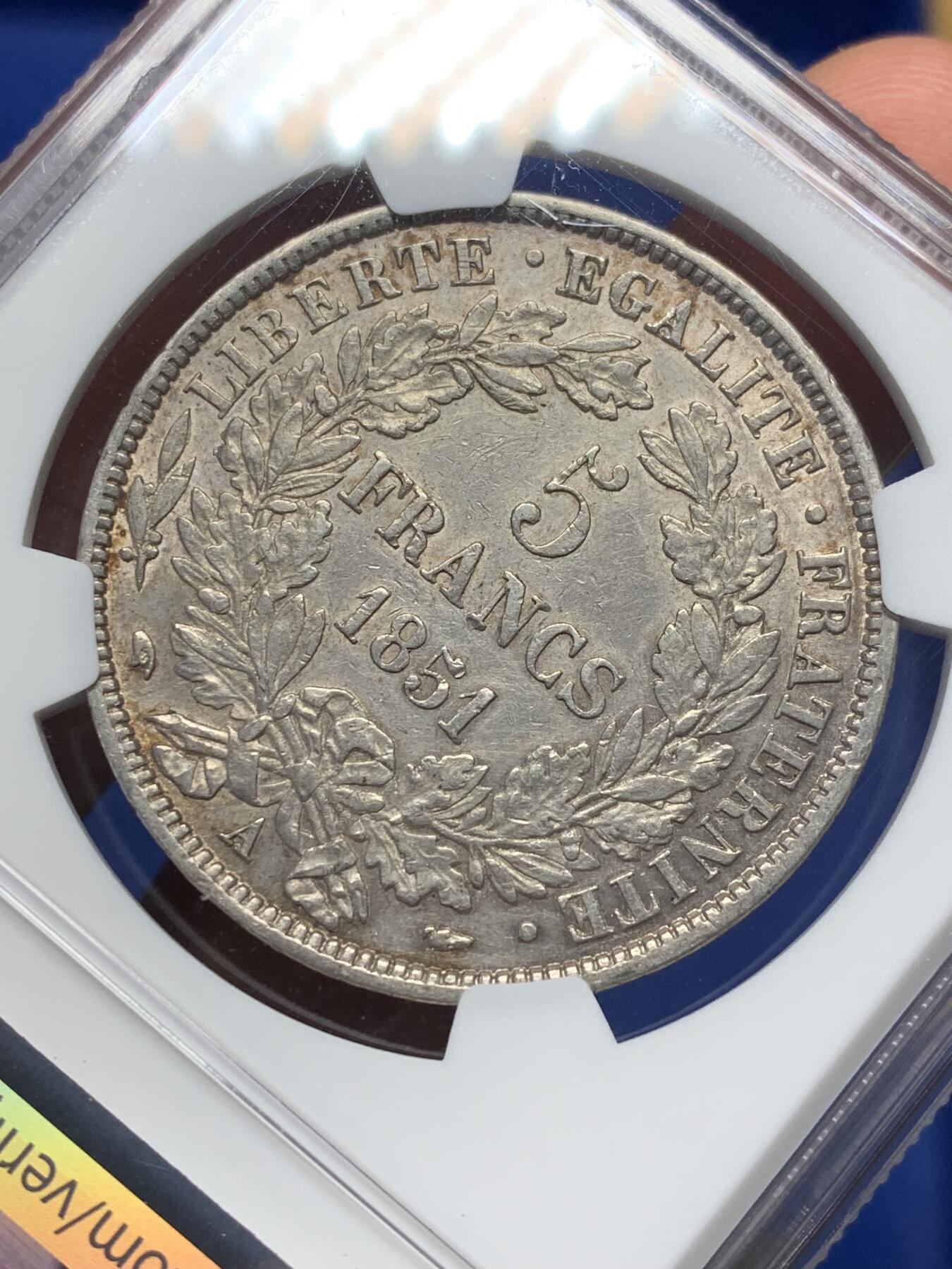 《竞宝斋》第469场 周日，周一 2场连拍 （全场包邮）欢迎送拍 NGC AUD 法国1851年谷物女神5法郎大银币 A厂铭 状态还不错