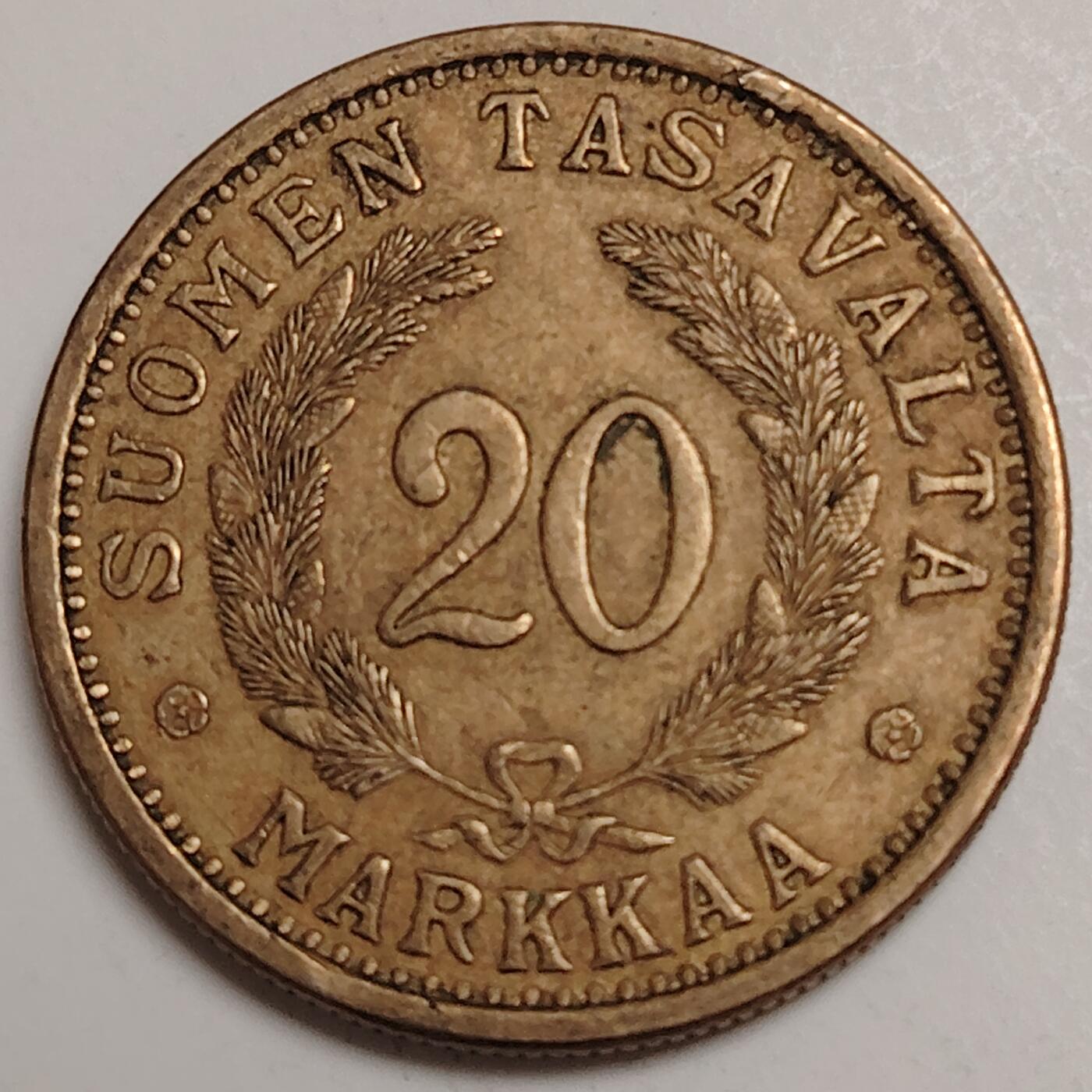 布加迪🐬～世界钱币(上海)🌾第 280 期 /  各国套币和散币 芬兰🇫🇮 1937年 20马克铜币 31mm