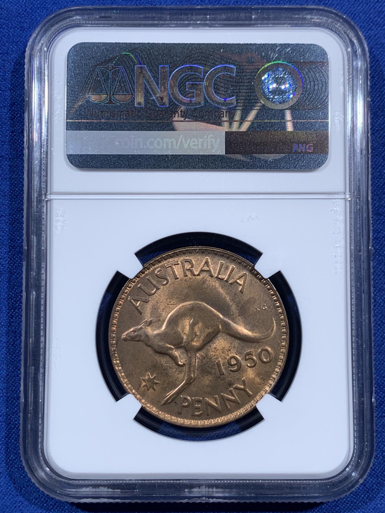 《竞宝斋》第469场 周日，周一 2场连拍 （全场包邮）欢迎送拍 NGC MS64RB 1950M版澳大利亚袋鼠1便士铜币，乔六版MS64分不多见，袋鼠漂亮！