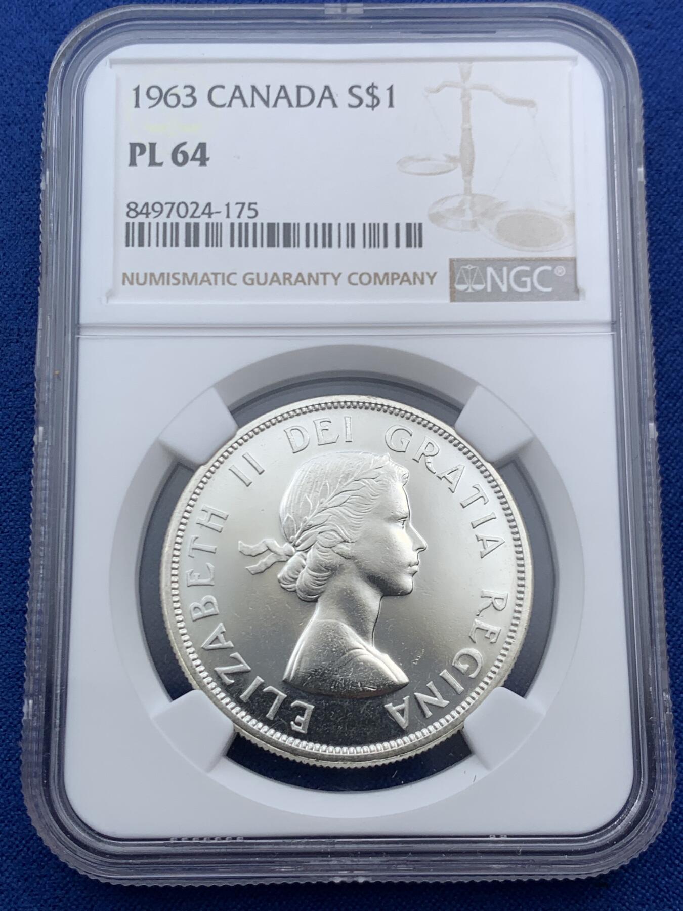 《竞宝斋》第469场 周日，周一 2场连拍 （全场包邮）欢迎送拍 NGC PL64 加拿大1963年1元银币 23.33克 800银 镜面感十足