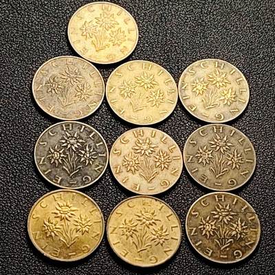 泉币菌-第206场-拍品多 请提前出价 10枚一组 奥地利1先令铜币 雪绒花 混合年份未挑