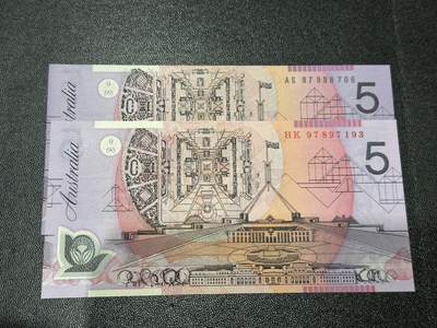 《外钞收藏家》第六百一十六期（精品场）（长期征集拍品、欢迎藏友们联系合作） - 澳大利亚塑料钞97年5元  2张一起 全新UNC HK97香港回归纪念冠，AS97测试冠