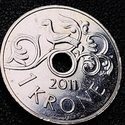 泉币菌-第206场-拍品多 请提前出价 原光极美 挪威1克朗中孔镍币 银色皇冠十字架 21mm 