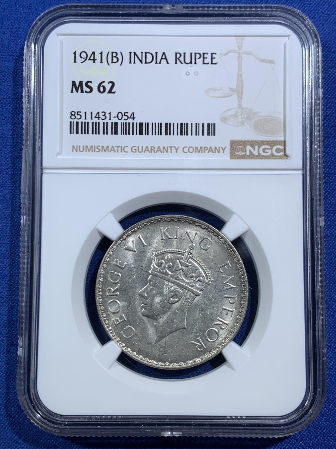 《竞宝斋》第469场 周日，周一 2场连拍 （全场包邮）欢迎送拍 NGC MS62 印度1941孟买厂乔治六世1卢比银币，近期热门品种，状态不错