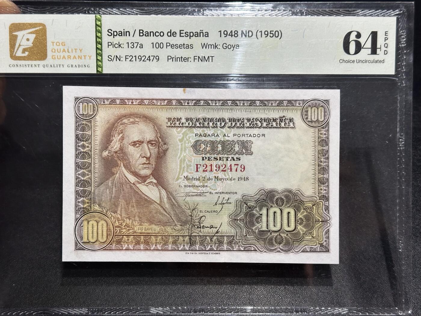 《外钞收藏家》第六百一十六期（精品场）（长期征集拍品、欢迎藏友们联系合作） 1948年西班牙100比塞塔 TQG评级64 生日号