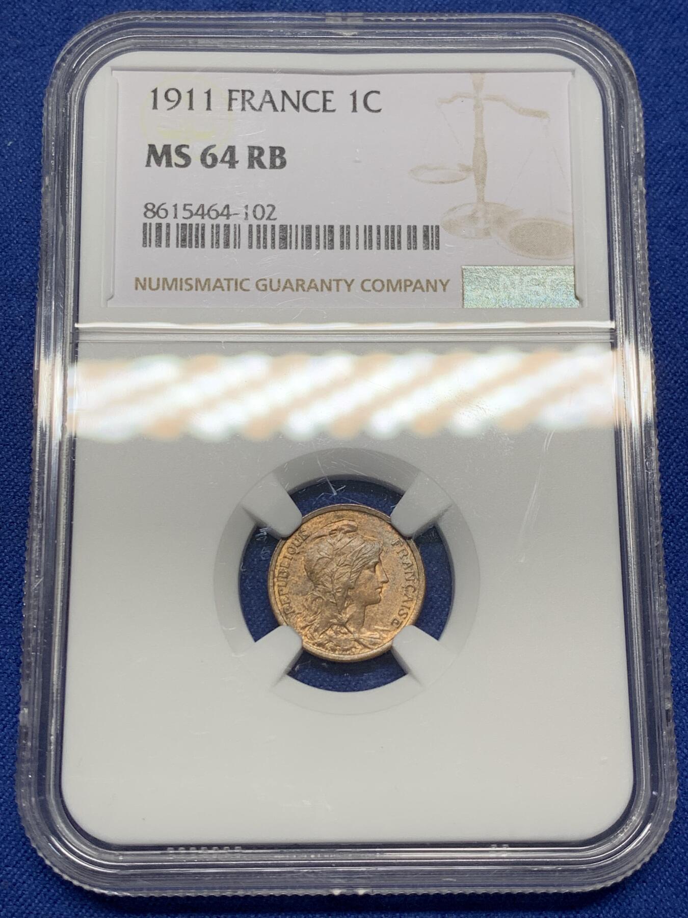 《竞宝斋》第469场 周日，周一 2场连拍 （全场包邮）欢迎送拍 NGC MS64RB 法国1911年1分铜币 经典女神图案 冠军分