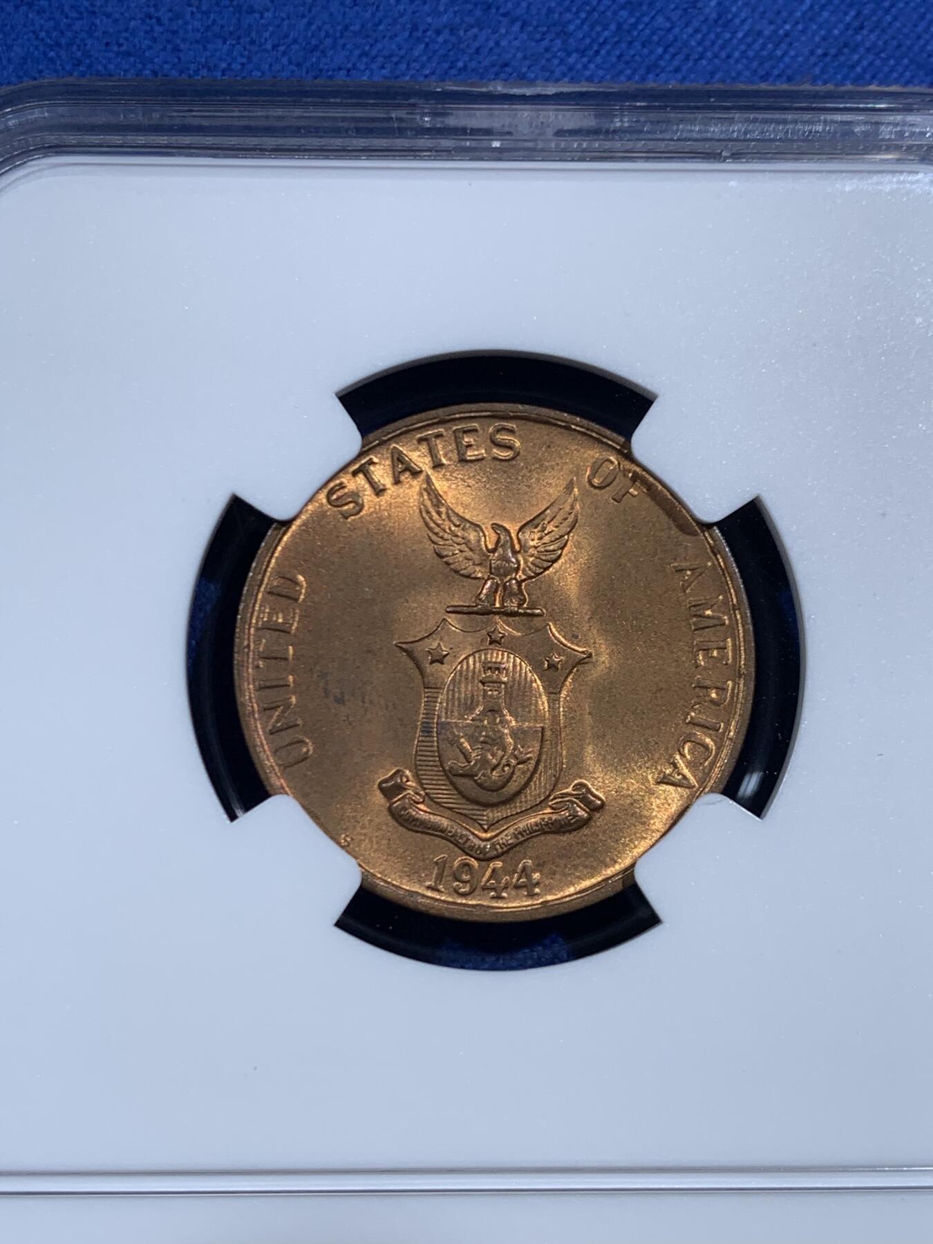 《竞宝斋》第469场 周日，周一 2场连拍 （全场包邮）欢迎送拍 NGC MS64RB 美属菲律宾1944s1分 铜光十分充沛的一枚 状态接近RD 细节光度都不错