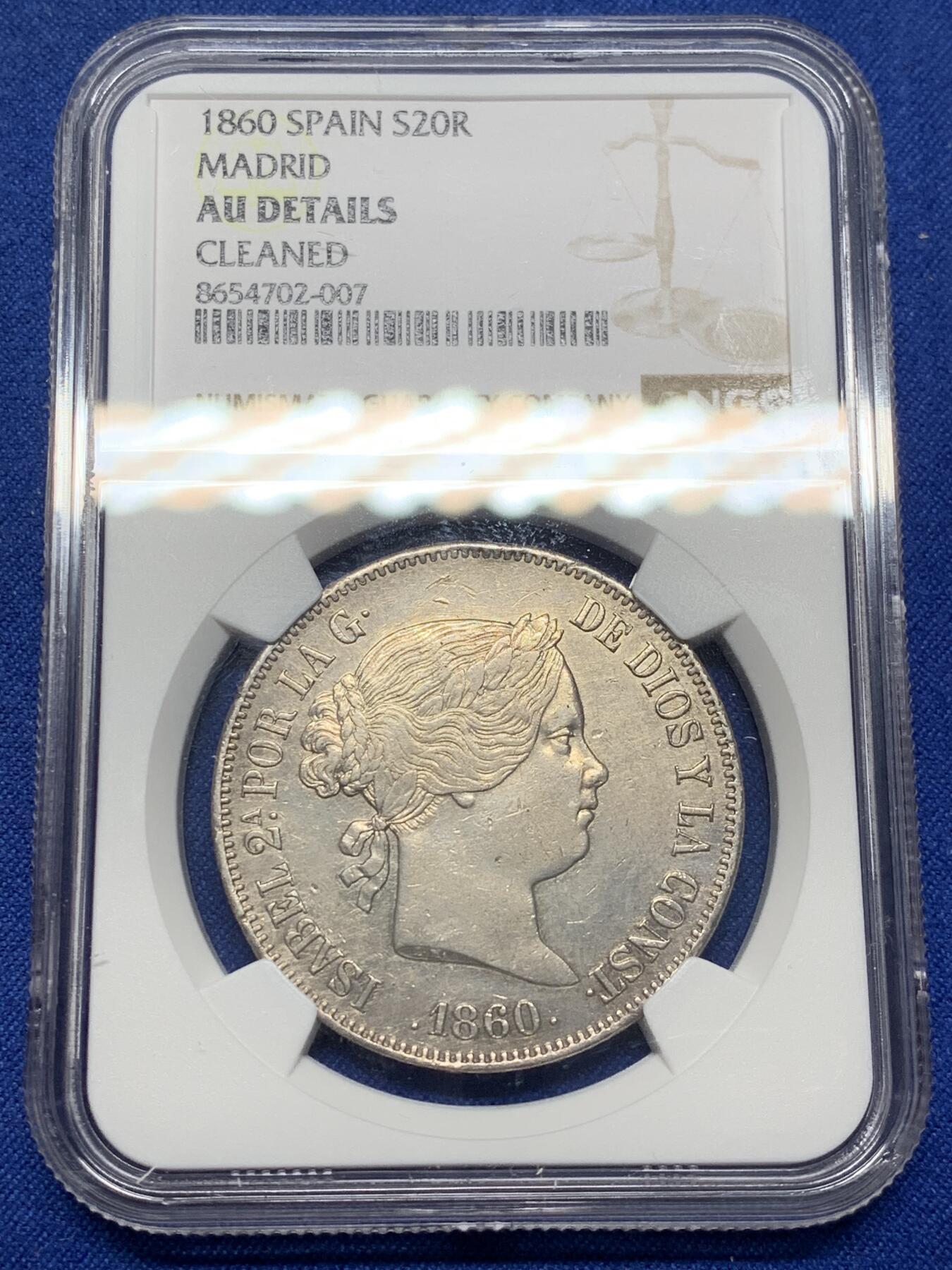 《竞宝斋》第469场 周日，周一 2场连拍 （全场包邮）欢迎送拍 NGC AUD 西班牙 1860年 猪头妹 20R大银币