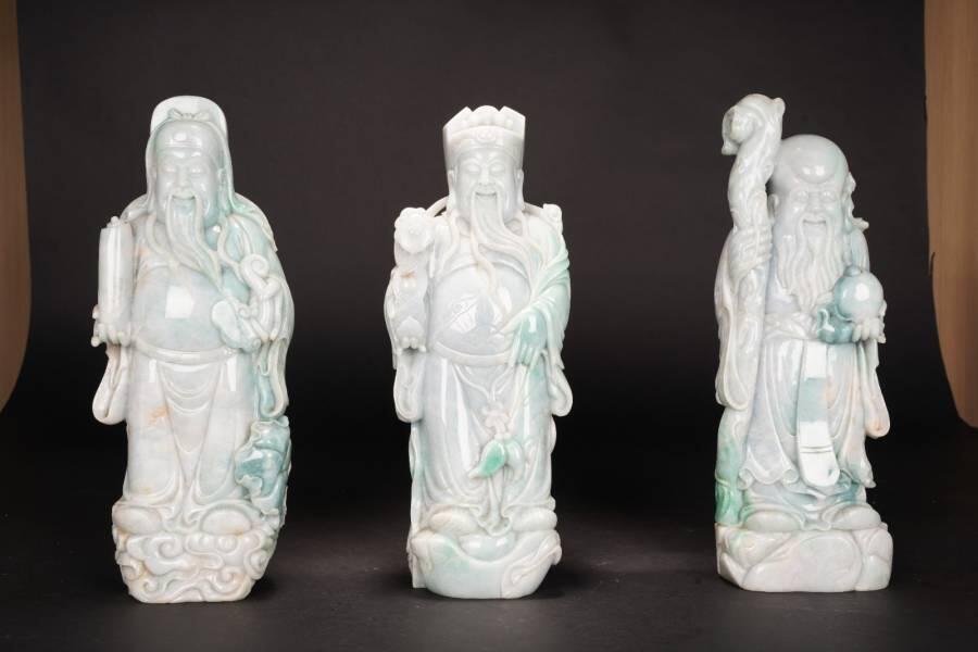 上海都达杂项专场四十九【全场包邮】  天然老坑冰糯种翡翠（A）货整料精雕超大尊《三星拱照 吉祥如意》福禄寿摆件连黑檀木佛龛