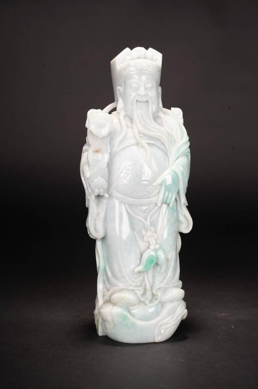 上海都达杂项专场四十九【全场包邮】  天然老坑冰糯种翡翠（A）货整料精雕超大尊《三星拱照 吉祥如意》福禄寿摆件连黑檀木佛龛