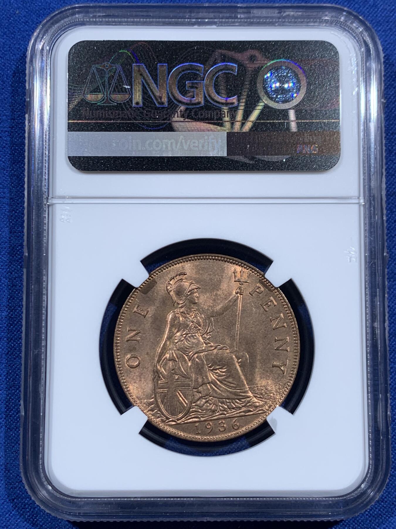 《竞宝斋》第469场 周日，周一 2场连拍 （全场包邮）欢迎送拍 NGC MS64RB 英国1936年乔五1便士 英系经典品种 背面为不列颠女神形象 细节光度都不错