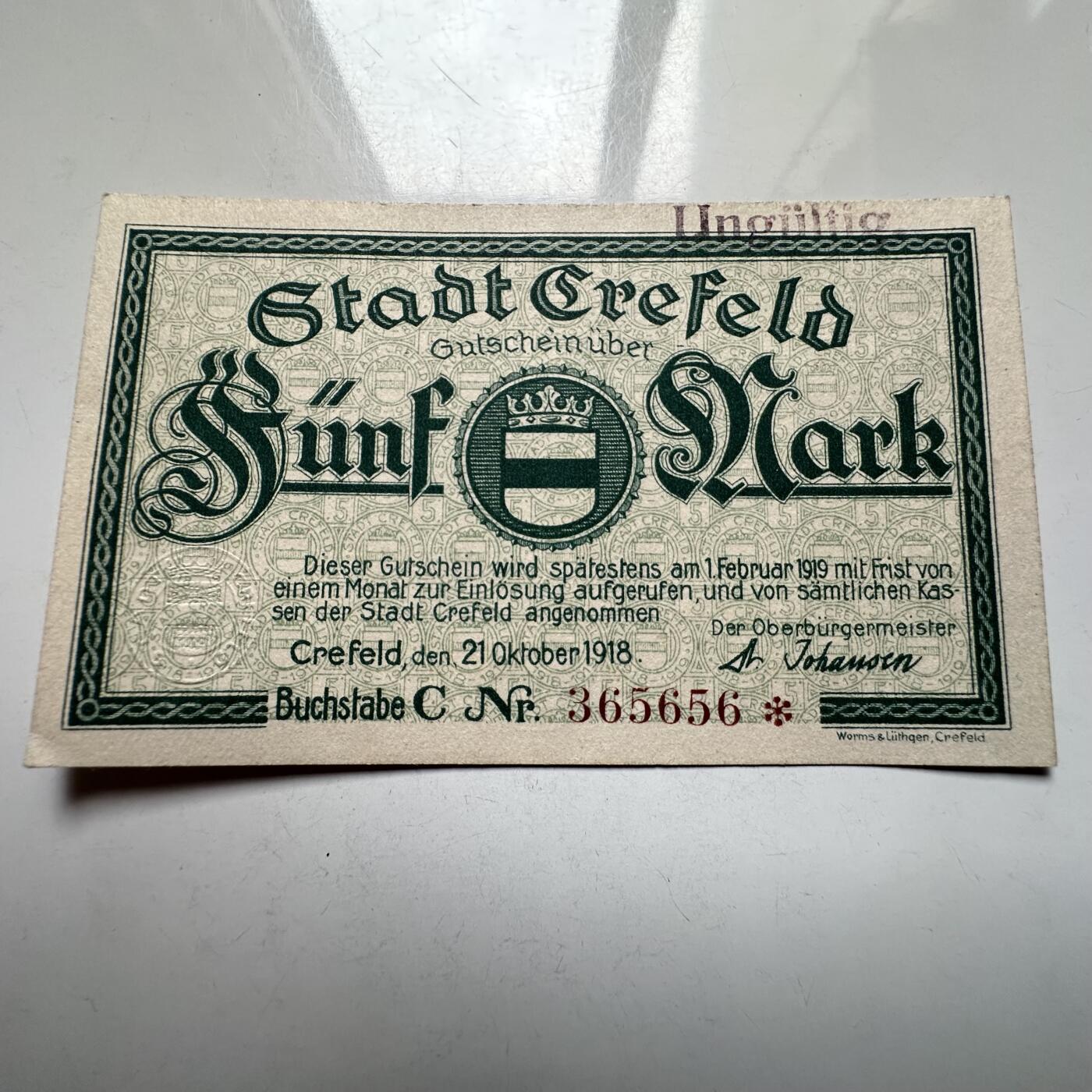 🌹外币初藏🌹🐯2026年第27场   每周二四六晚8️⃣点 接代拍 德国1918年克雷费尔德市 5马克紧急纸币 