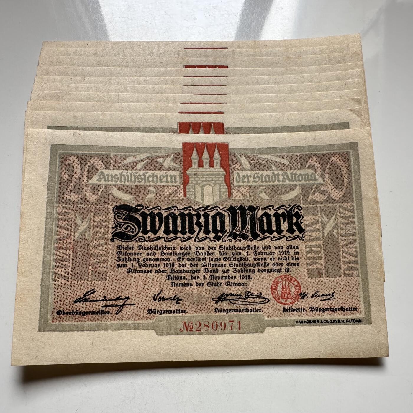 🌹外币初藏🌹🐯2026年第27场   每周二四六晚8️⃣点 接代拍 德国1918年阿尔托纳市 20马克紧急纸币 全新标10 连号