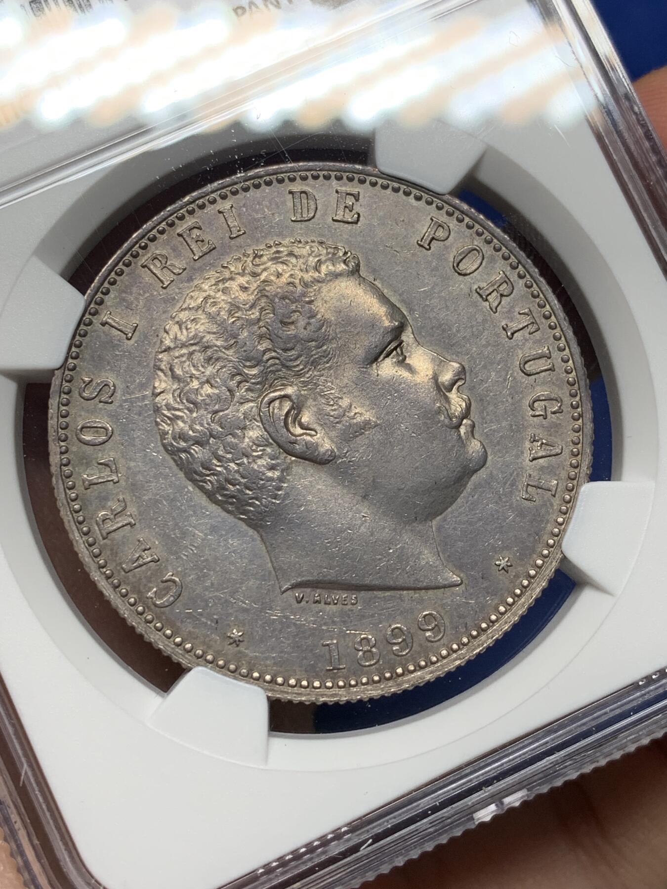 《竞宝斋》第469场 周日，周一 2场连拍 （全场包邮）欢迎送拍 NGC AUD 葡萄牙 1899年 卡洛斯一世 1000瑞斯大银币