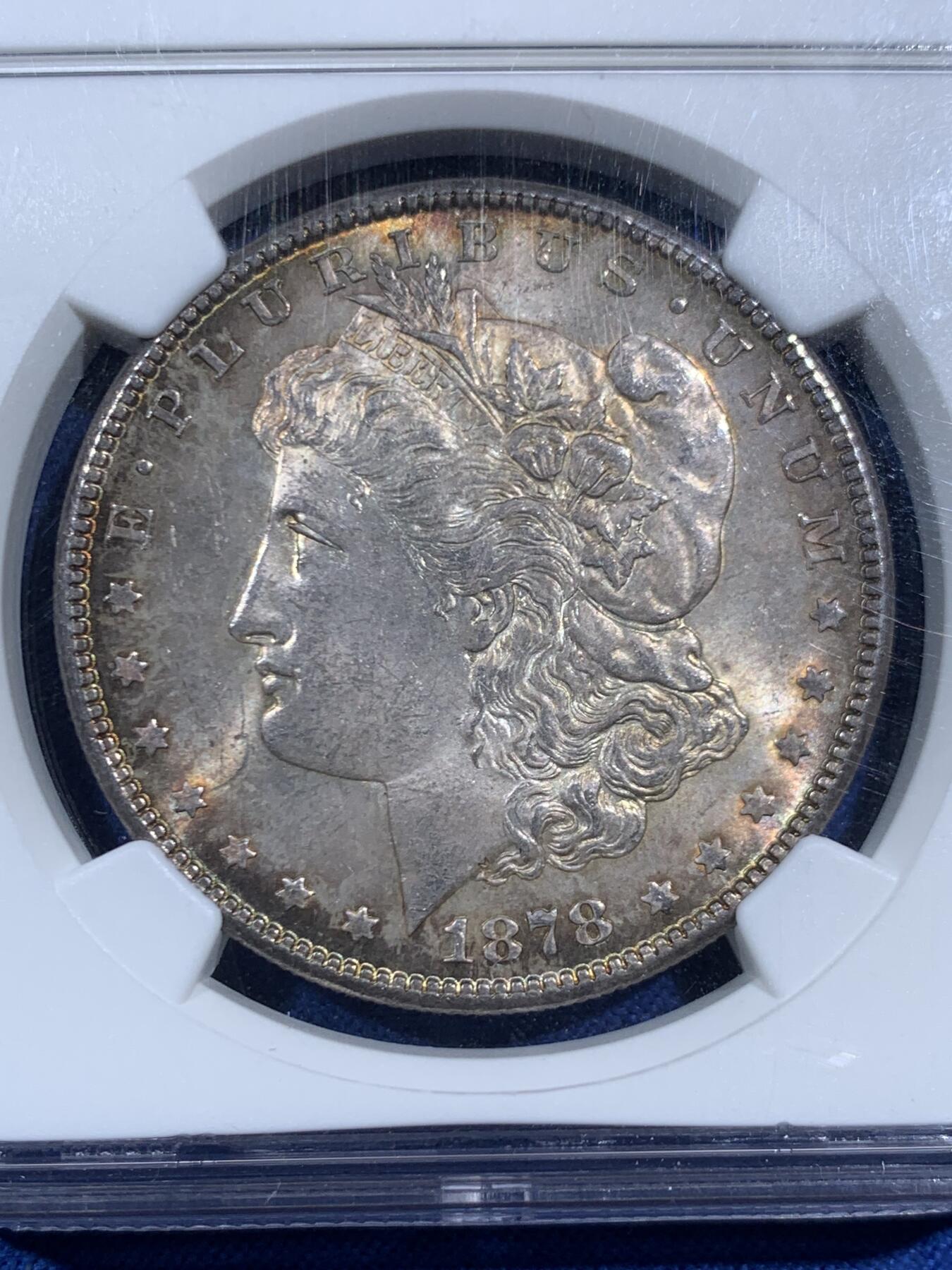 《竞宝斋》第469场 周日，周一 2场连拍 （全场包邮）欢迎送拍 NGC MS63 美国1878年摩根银币 首年白币常见，如此好彩比较难得，值得入藏