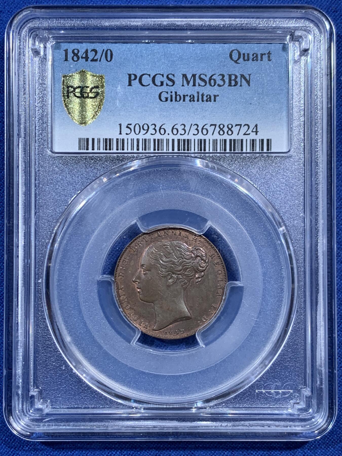 《竞宝斋》第469场 周日，周一 2场连拍 （全场包邮）欢迎送拍 PCGS MS63BN 直布罗陀 1842/0 小维QUART铜币 稀见品种