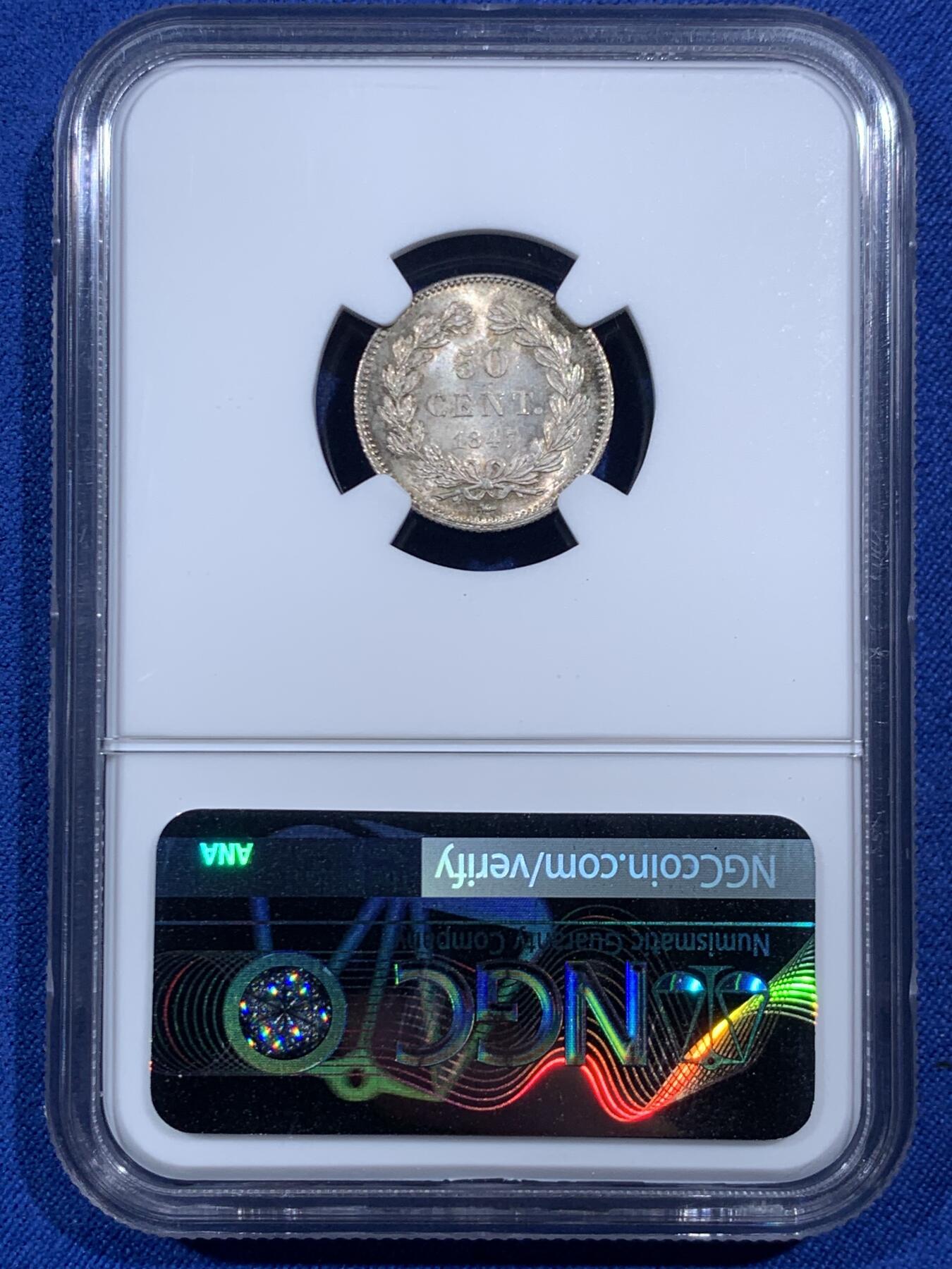 《竞宝斋》第469场 周日，周一 2场连拍 （全场包邮）欢迎送拍 NGC MS65 法国1847年菲利普50C银辅币 超高分 稀见品 亚军分数