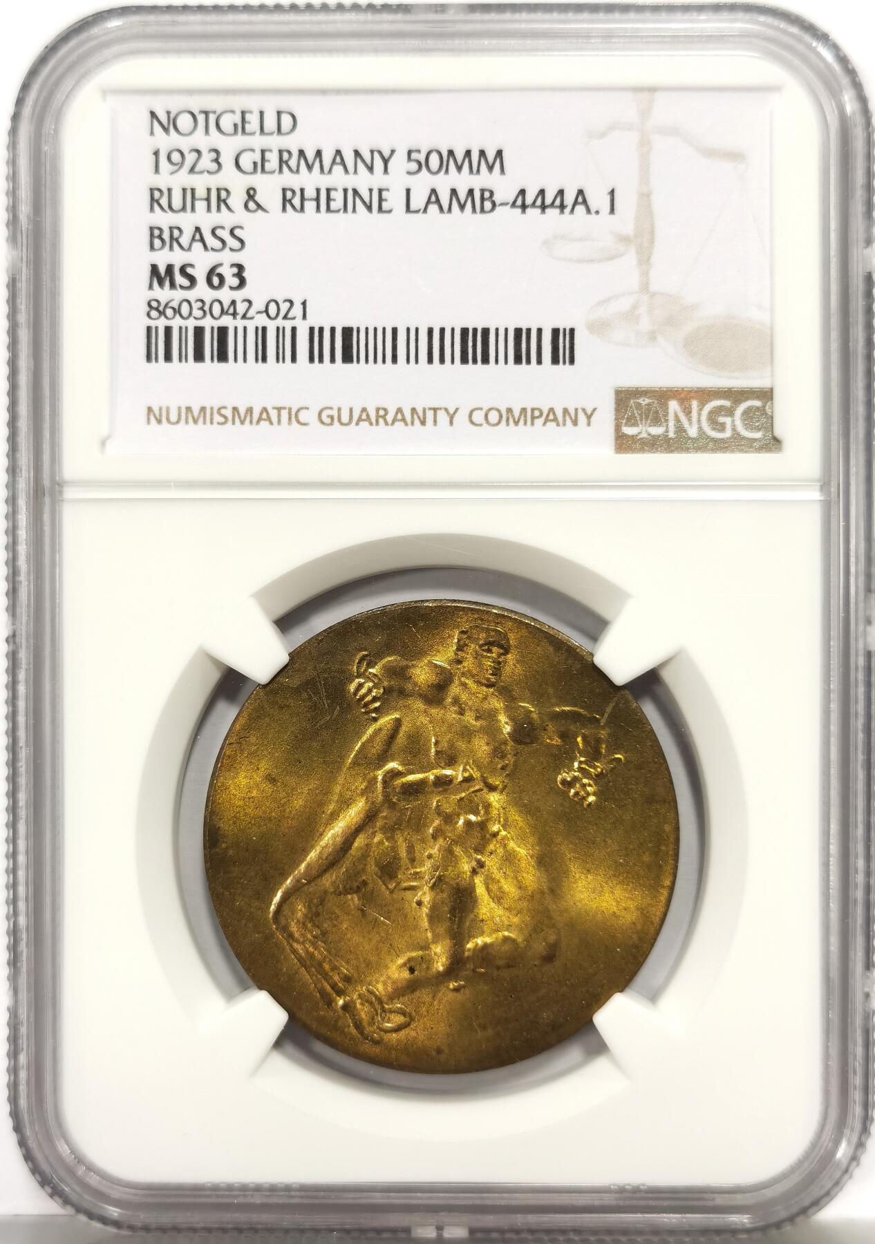 博洋堂世界钱币拍卖第164期（全场包邮） NGC MS63 德国德紧1923年鲁尔与莱茵地区5000万马克铜币，正面描绘了普罗米修斯被鹰啄食肝脏的神话故事，象征当时恶性通胀下德国人民的悲惨境遇
