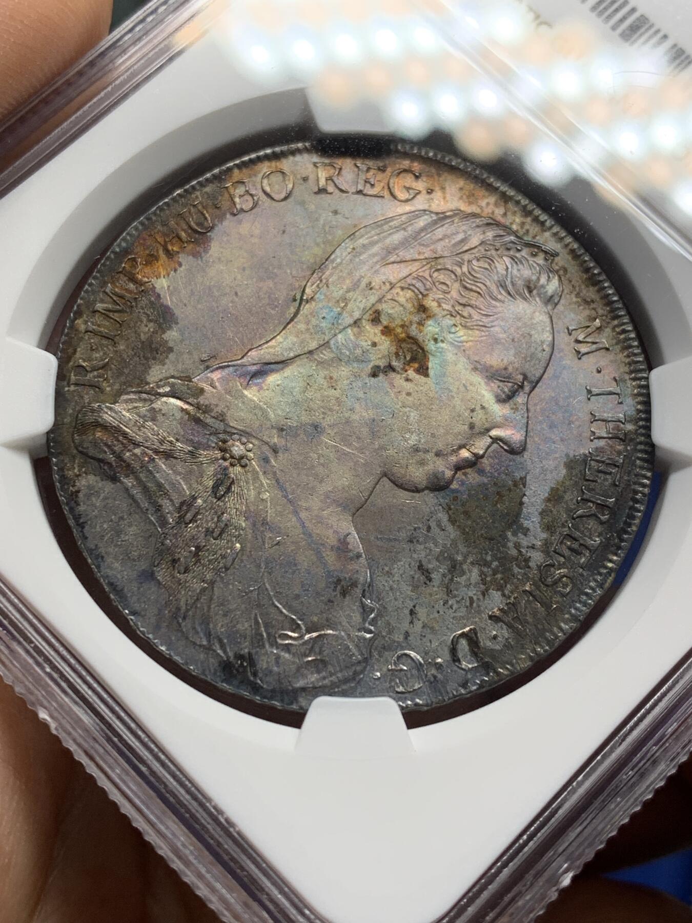 《竞宝斋》第469场 周日，周一 2场连拍 （全场包邮）欢迎送拍 NGC AU55 奥地利 1780年 原铸玛利亚特蕾莎大奶妈泰勒大银币 维也纳版 正面环彩 背面蓝五彩包浆 历史感厚重