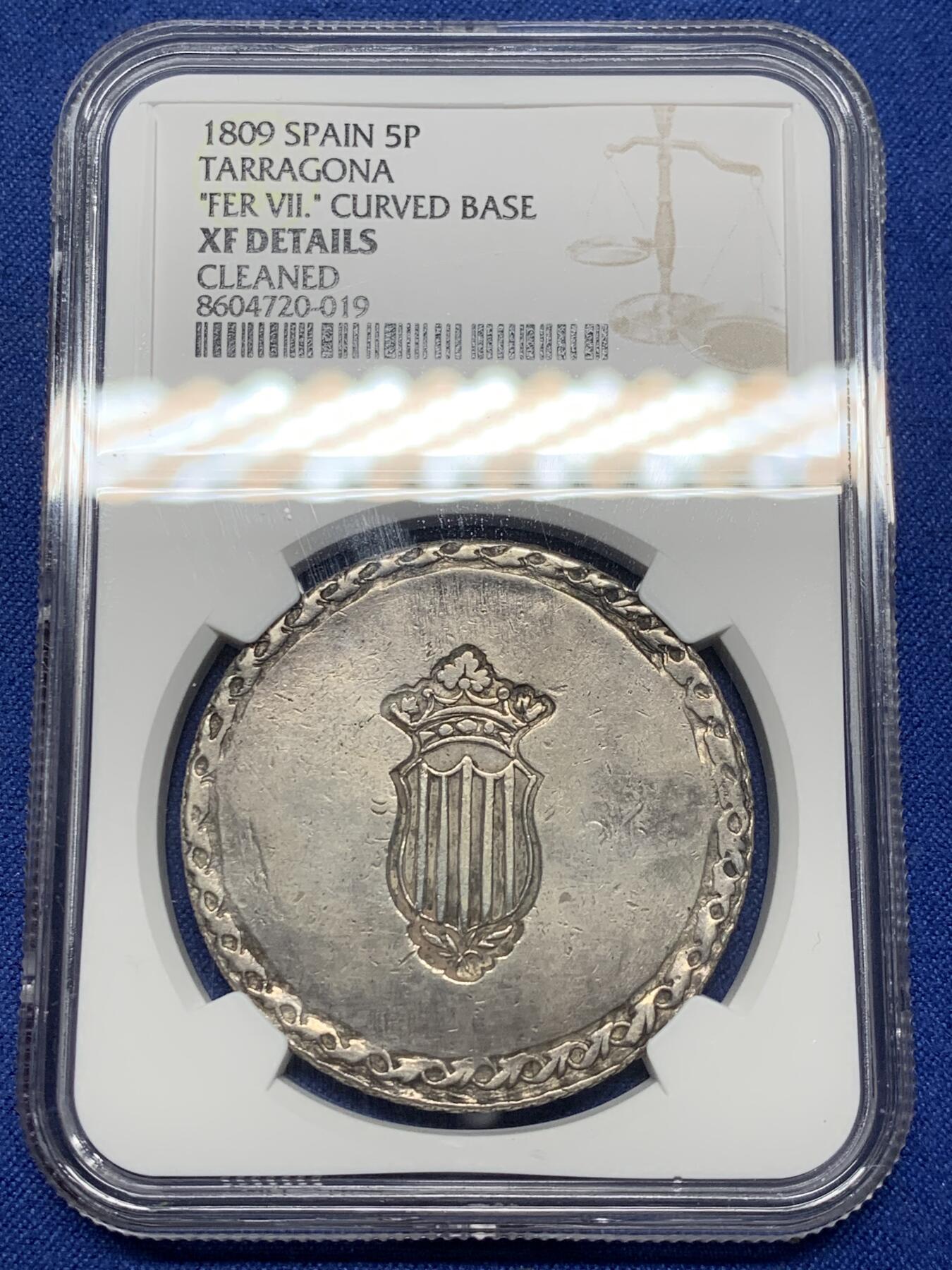 《竞宝斋》第469场 周日，周一 2场连拍 （全场包邮）欢迎送拍 NGC XF 西班牙 1809年 塔拉戈纳围城 5P大银币 深打好品