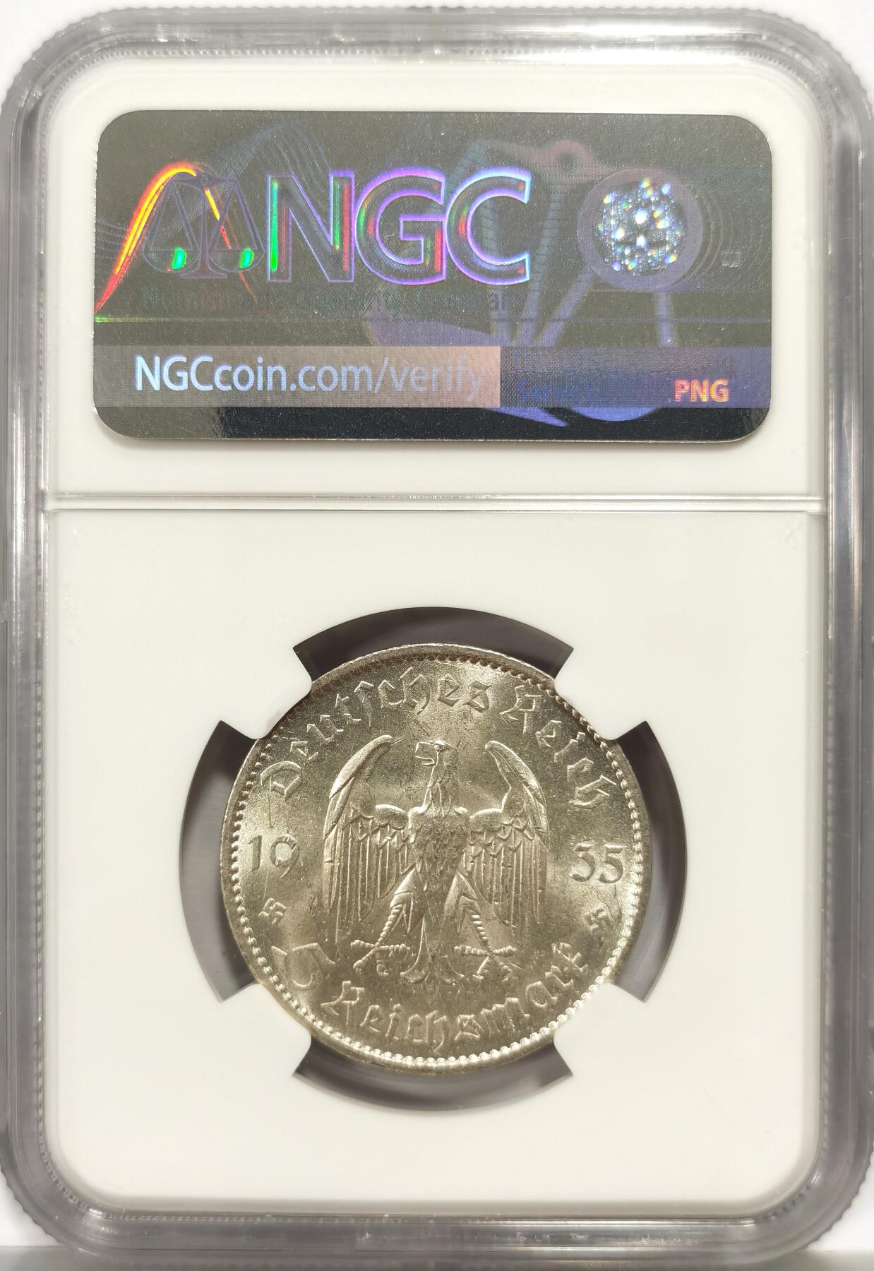 博洋堂世界钱币拍卖第164期（全场包邮） NGC MS61 德国第三帝国1935年A版无字教堂5马克银币