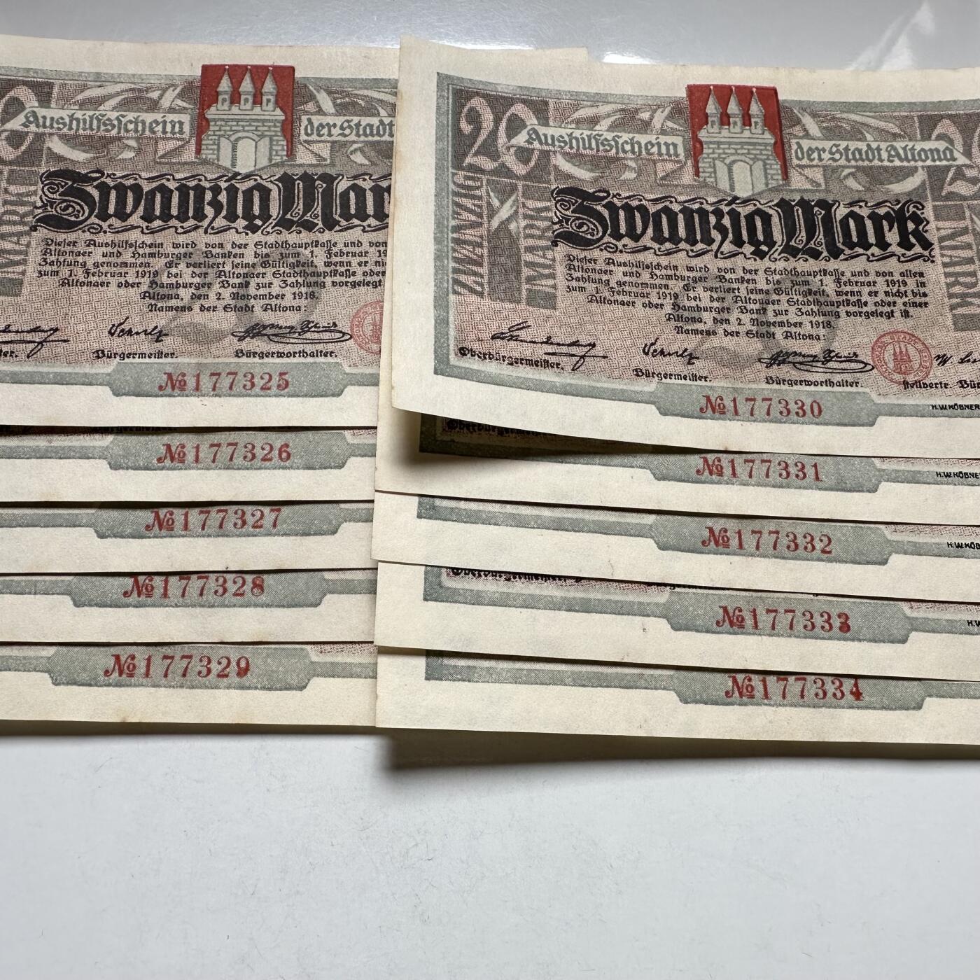 🌹外币初藏🌹🐯2026年第27场   每周二四六晚8️⃣点 接代拍 德国1918年阿尔托纳市 20马克紧急纸币 全新10连号 豹子号