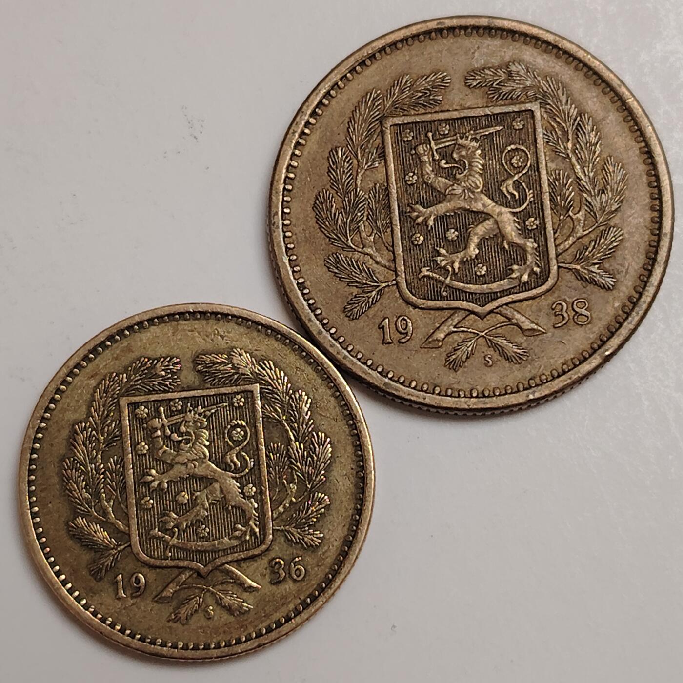 布加迪🐬～世界钱币(上海)🌾第 280 期 /  各国套币和散币 芬兰🇫🇮 1936/1938年 10/20马克铜币 27/31mm