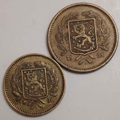 布加迪🐬～世界钱币(上海)🌾第 280 期 /  各国套币和散币 - 芬兰🇫🇮 1936/1938年 10/20马克铜币 27/31mm