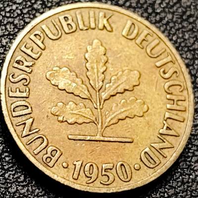 泉币菌-第206场-拍品多 请提前出价 联邦德国 1950年5芬尼铜币 橡树麦穗  18.5mm