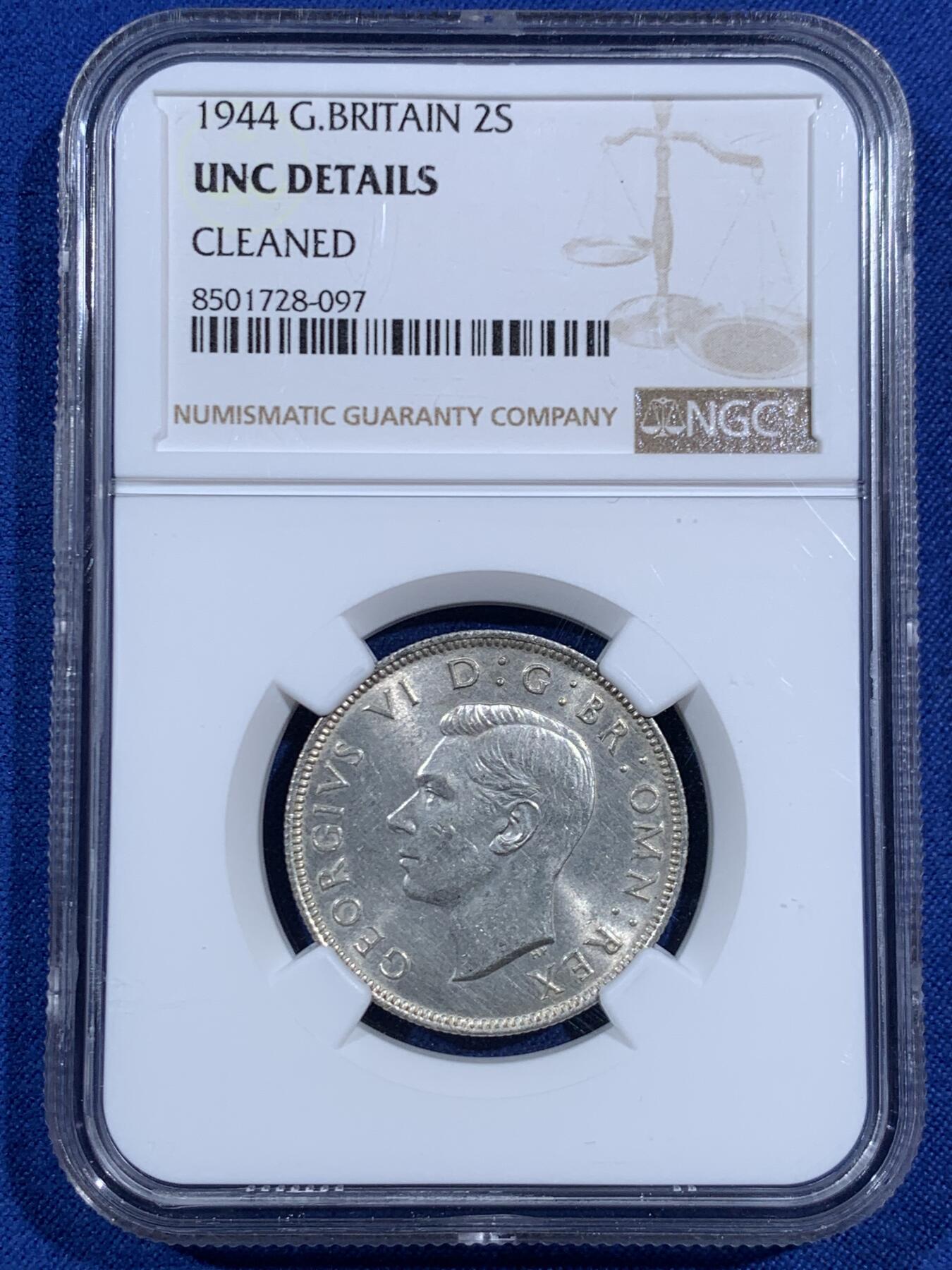 《竞宝斋》第469场 周日，周一 2场连拍 （全场包邮）欢迎送拍 NGC UNCD 英国1944年弗洛林银币，银光不错，疑似错杀