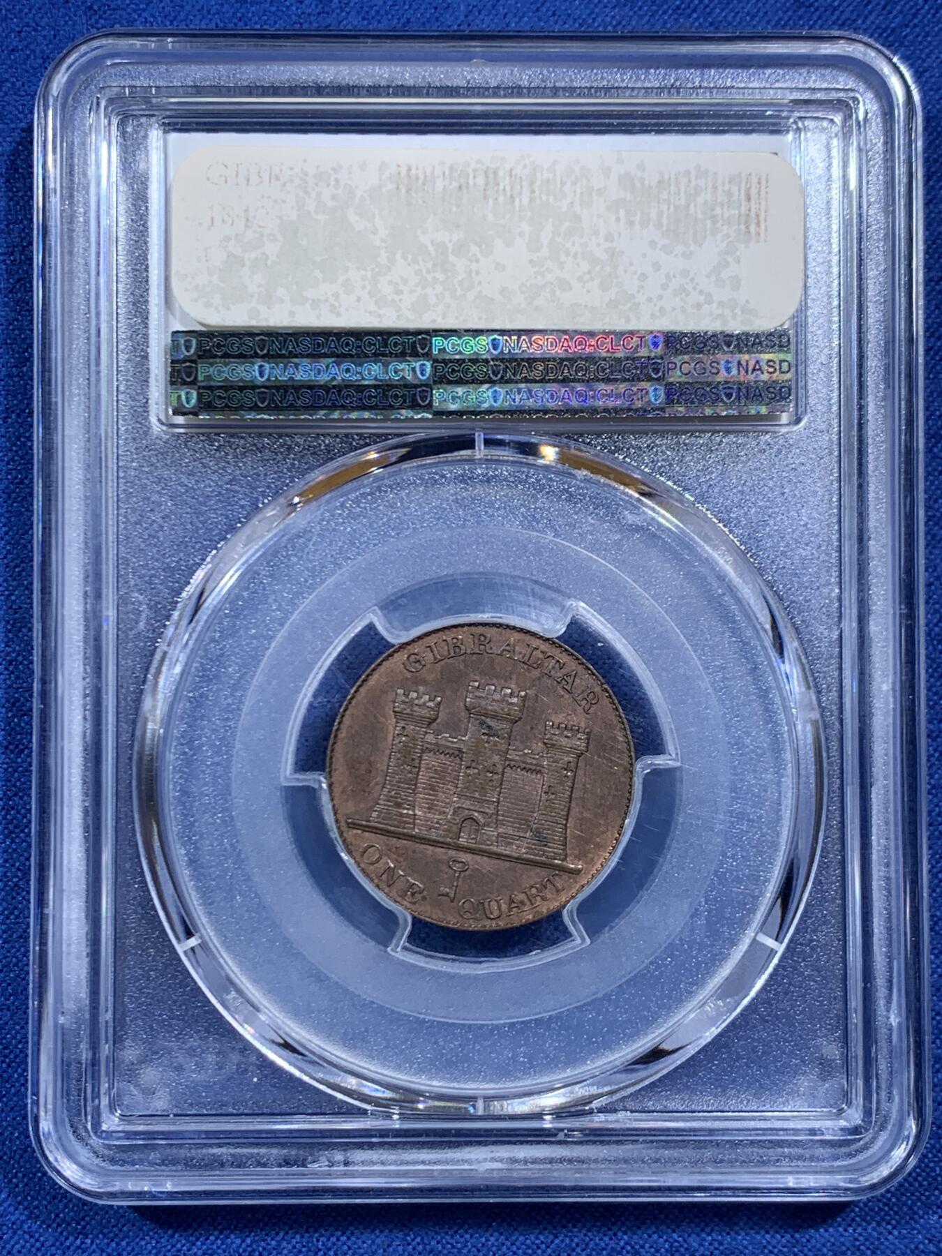 《竞宝斋》第469场 周日，周一 2场连拍 （全场包邮）欢迎送拍 PCGS MS63BN 直布罗陀 1842/0 小维QUART铜币 稀见品种