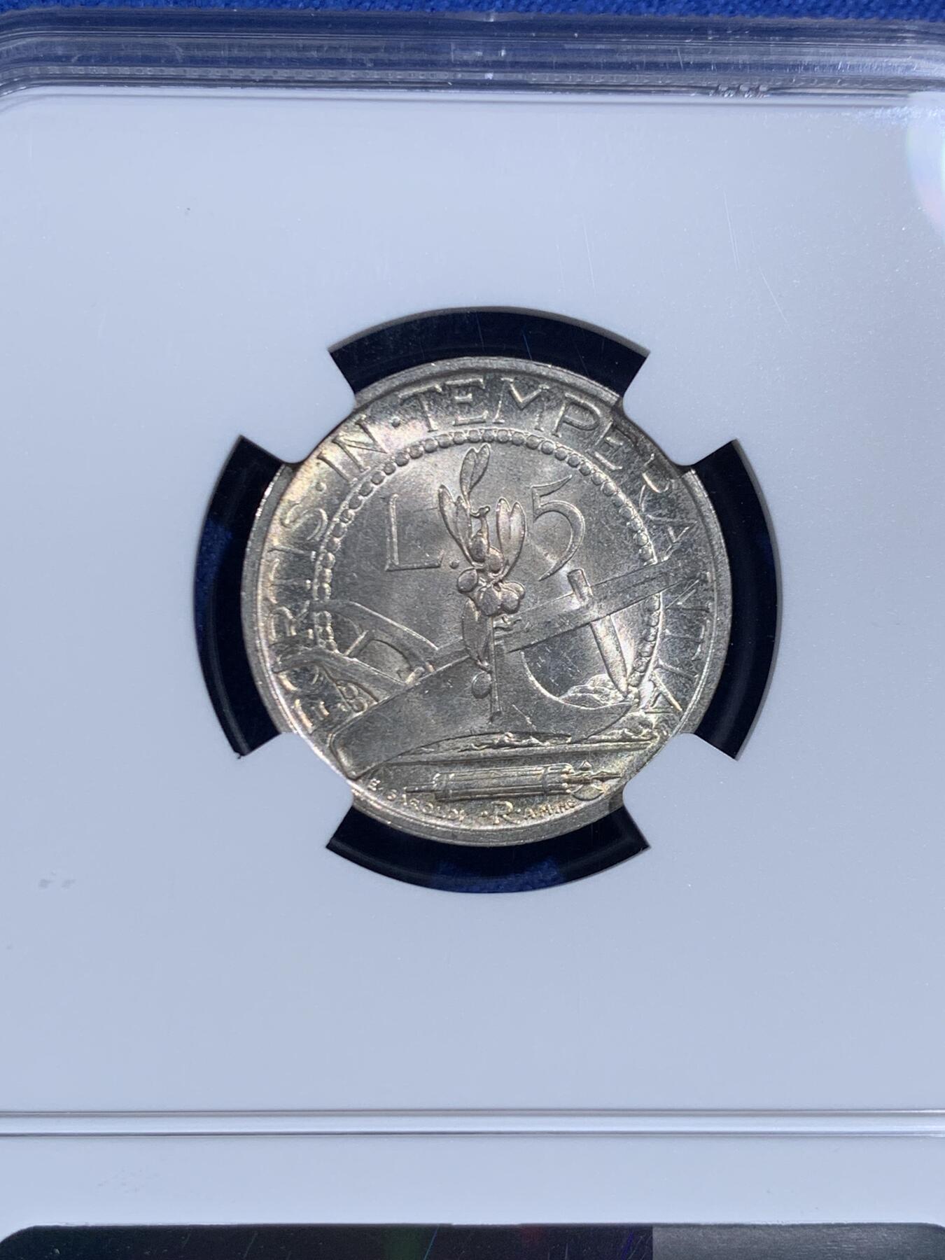 《竞宝斋》第469场 周日，周一 2场连拍 （全场包邮）欢迎送拍 NGC MS64 圣马力诺1937年女神半身像5里拉银币